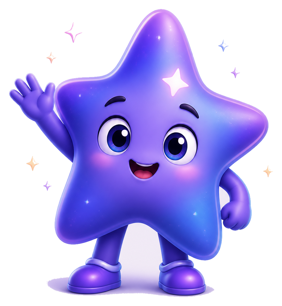 Lumi, mascote do MiniMissões, uma estrelinha roxa acenando